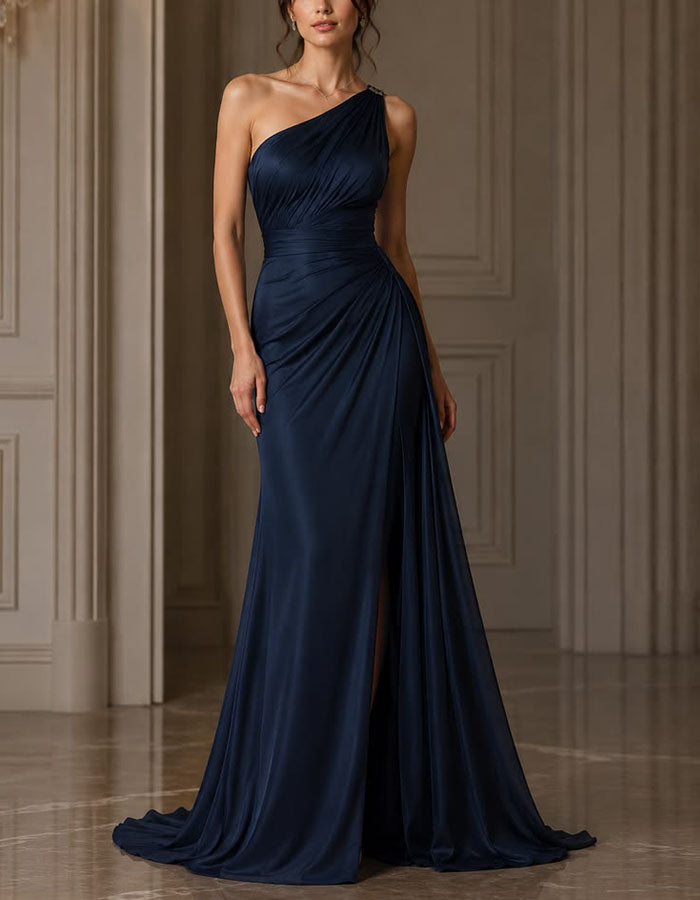 Dark Blue Satin One Shoulder Cross Pleats Maxi Dress