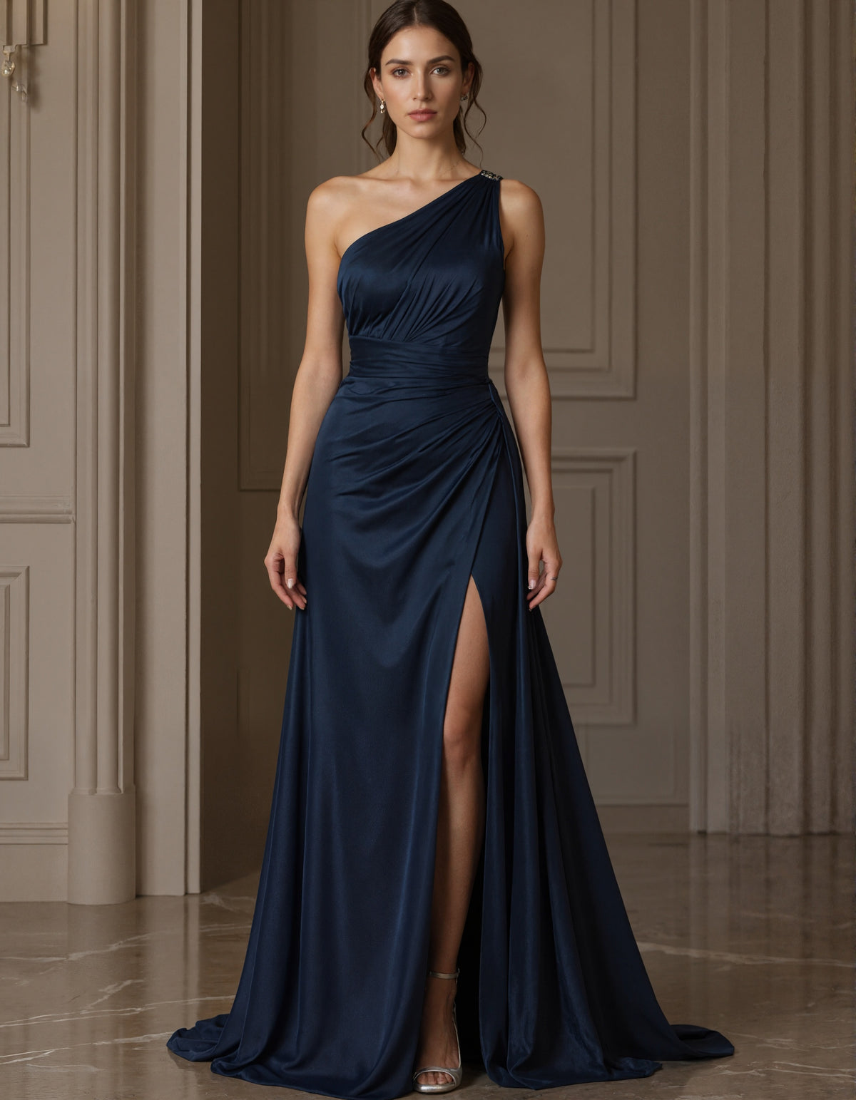 Dark Blue Satin One Shoulder Cross Pleats Maxi Dress