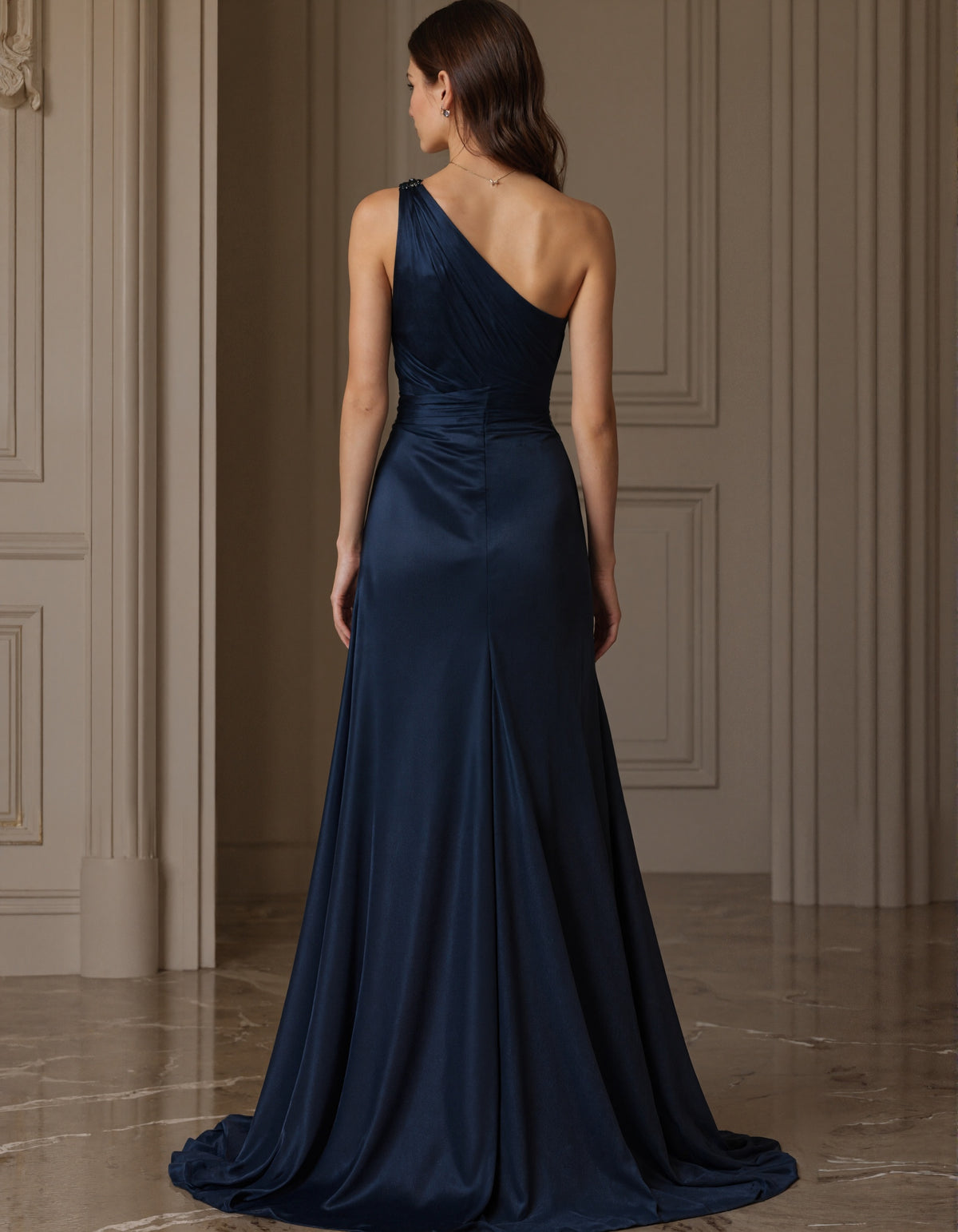 Dark Blue Satin One Shoulder Cross Pleats Maxi Dress
