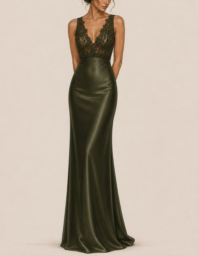 Olive Green Satin Lace V-Neck Sleeveless Maxi Dress