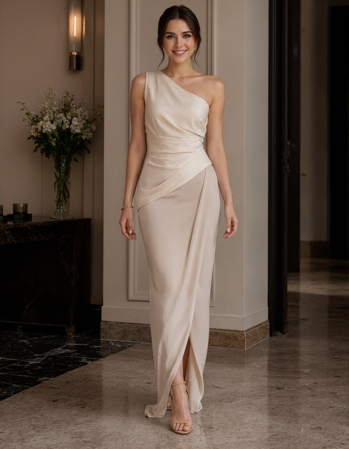 Light Beige Satin Asymmetrical One Shoulder Maxi Dress
