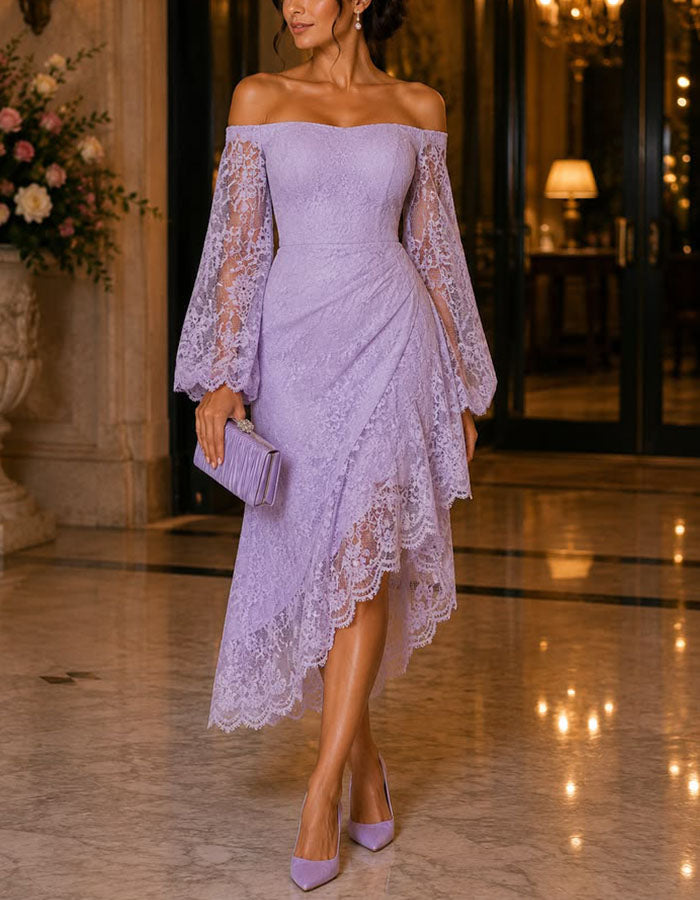 Purple Lace Off Shoulder Flared Long Sleeves Midi Dress
