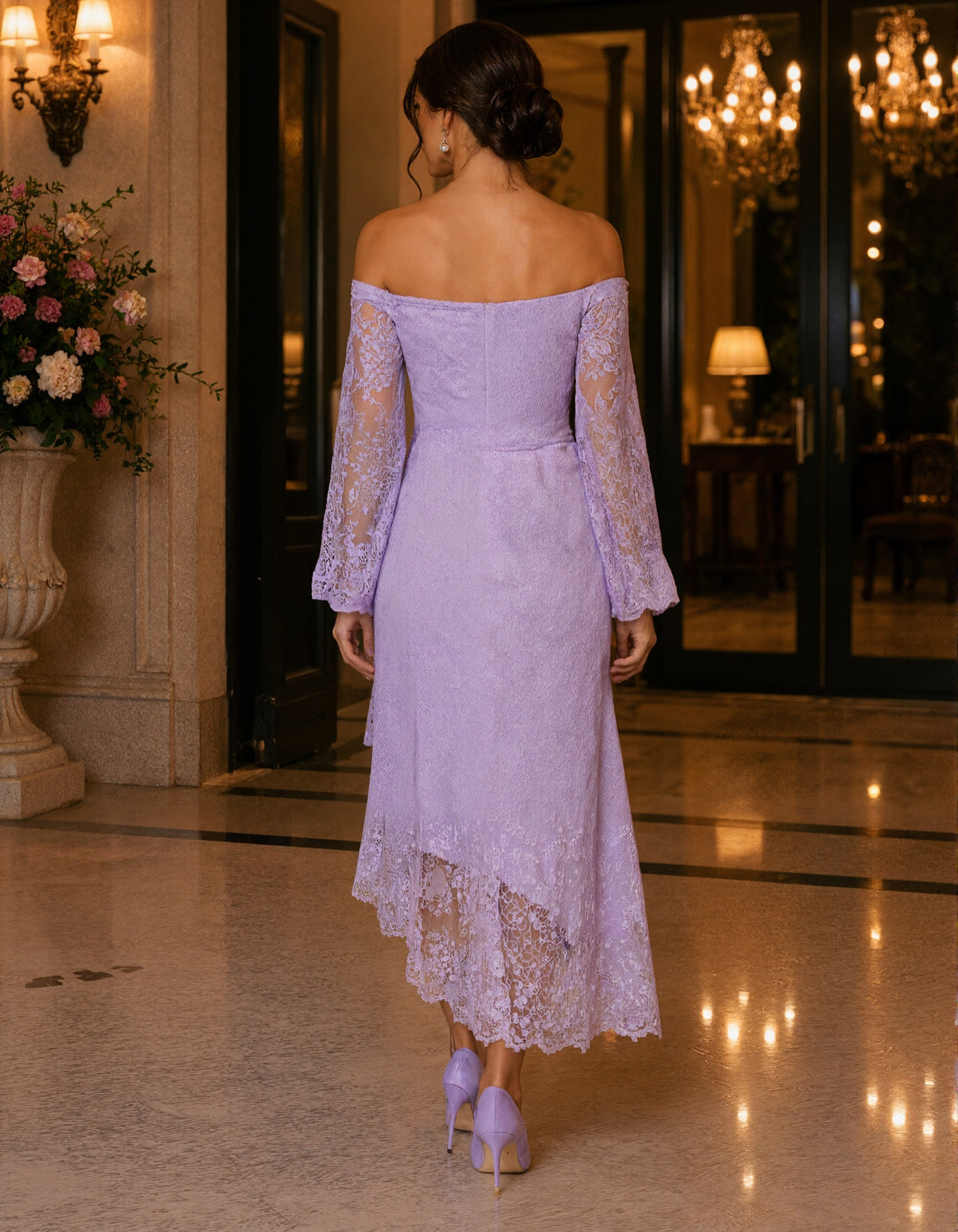 Purple Lace Off Shoulder Flared Long Sleeves Midi Dress