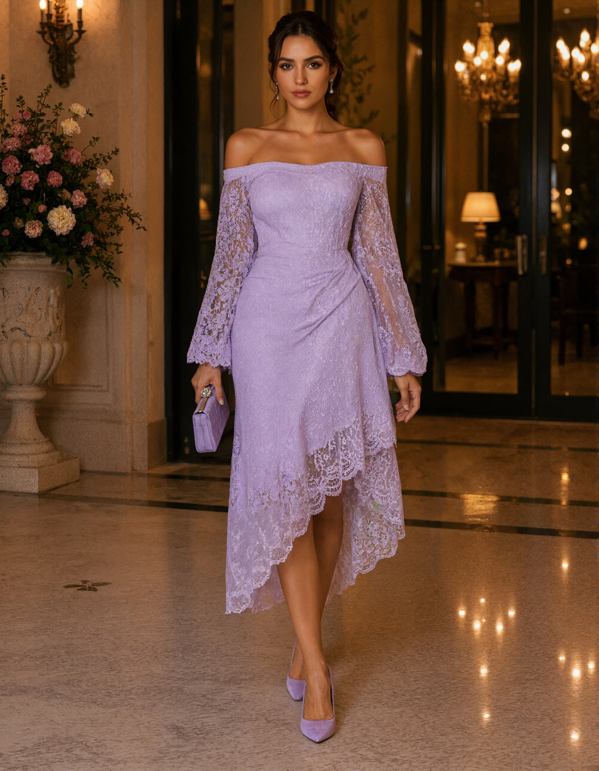 Purple Lace Off Shoulder Flared Long Sleeves Midi Dress