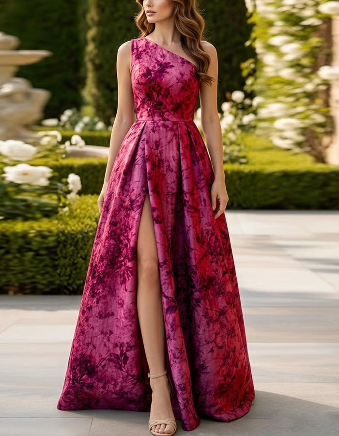 Asymmetrical Shoulder Bag With Fuchsia Floral Print Maxi Dress