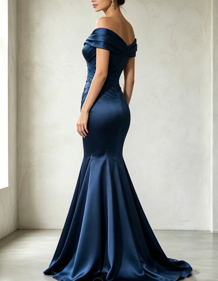 Off-the-shoulder Pleated Satin Maxi Dress