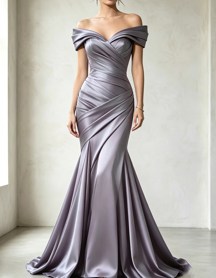 Off-the-shoulder Pleated Satin Maxi Dress
