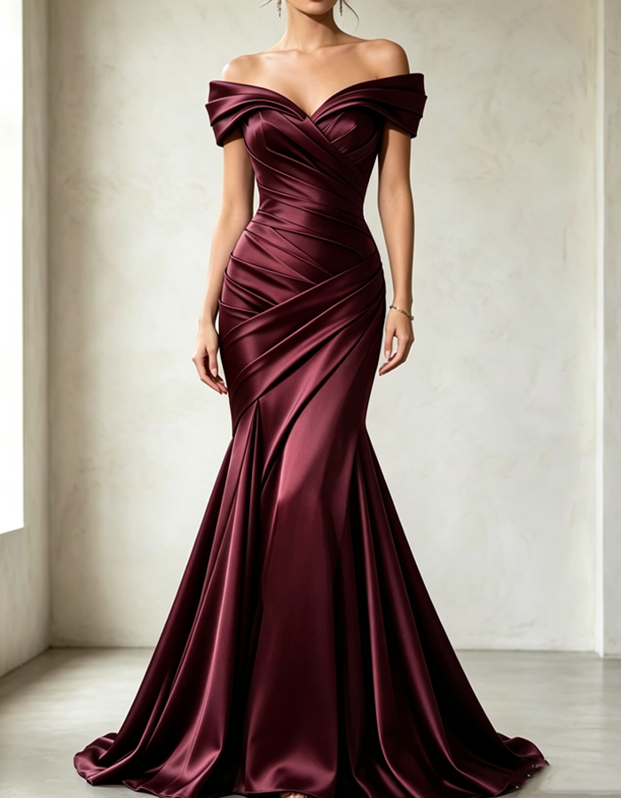 Off-the-shoulder Pleated Satin Maxi Dress