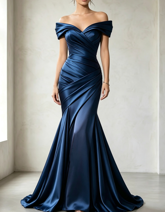 Off-the-shoulder Pleated Satin Maxi Dress