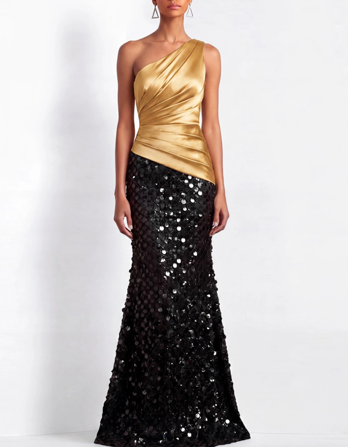 One-shoulder Draped Satin Sequined Maxi Dress