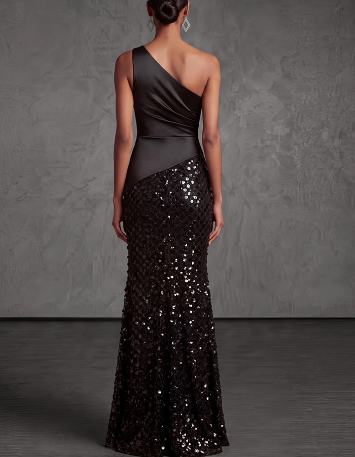 One-shoulder Draped Satin Sequined Maxi Dress