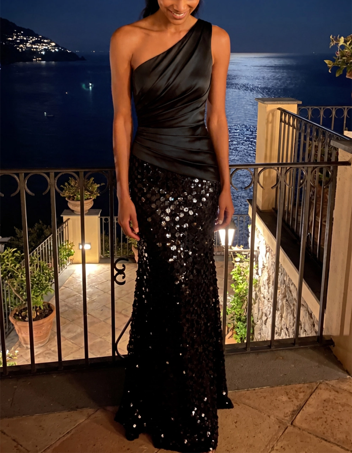 One-shoulder Draped Satin Sequined Maxi Dress