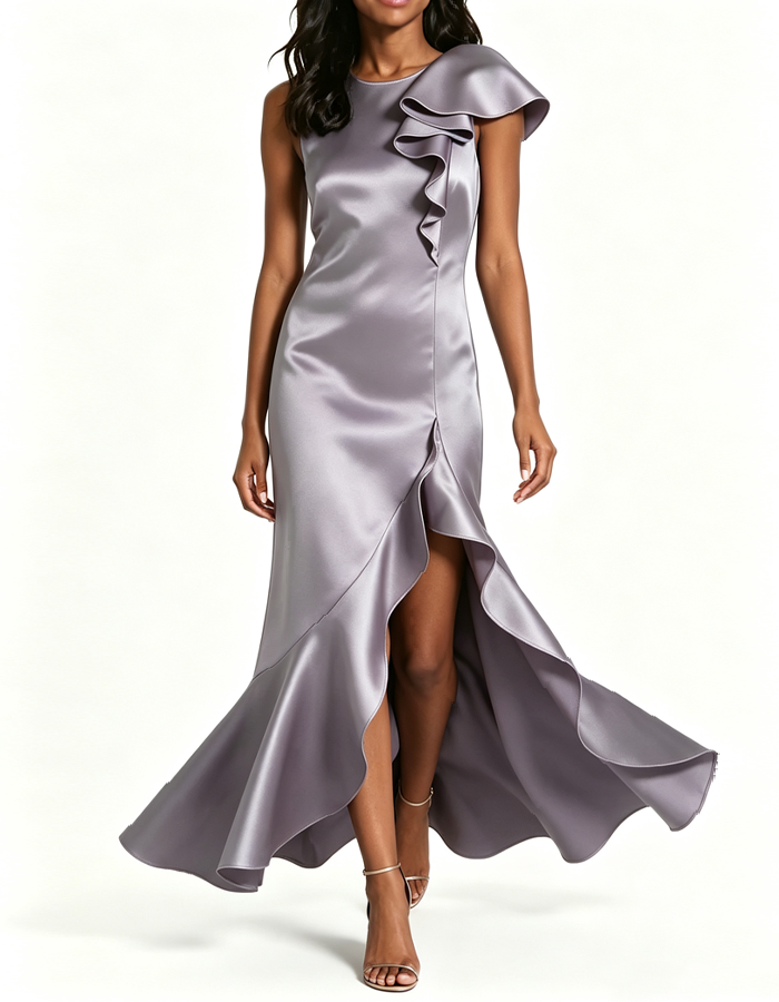Round-neck Ruffled Satin Fishtail Maxi Dress