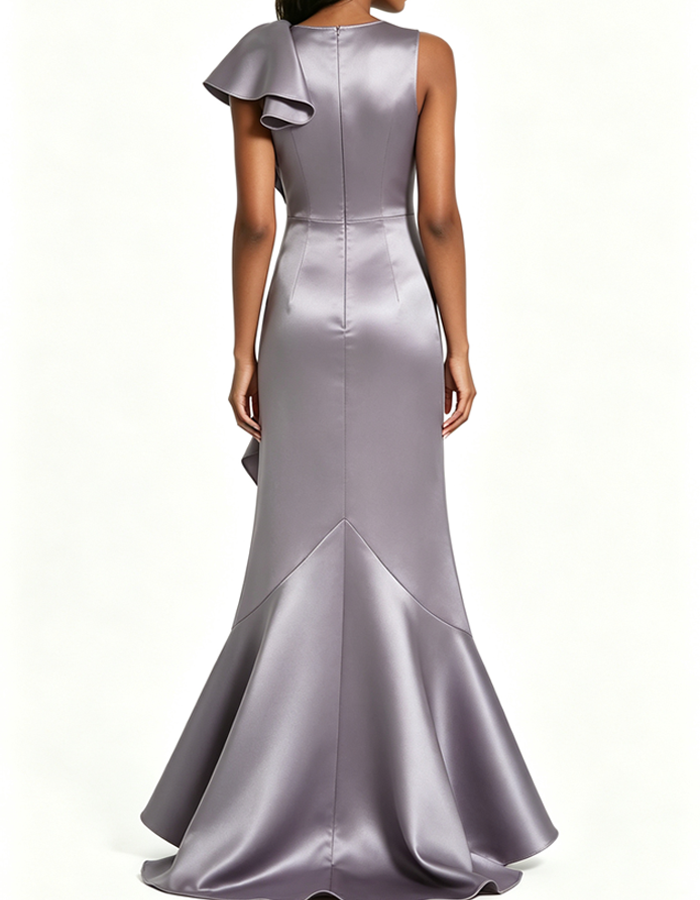 Round-neck Ruffled Satin Fishtail Maxi Dress