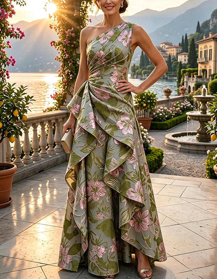 Sage Green One Shoulder Floral Jacquard Layered Ruffle Maxi Dress