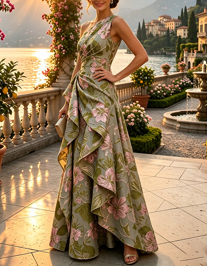 Sage Green One Shoulder Floral Jacquard Layered Ruffle Maxi Dress