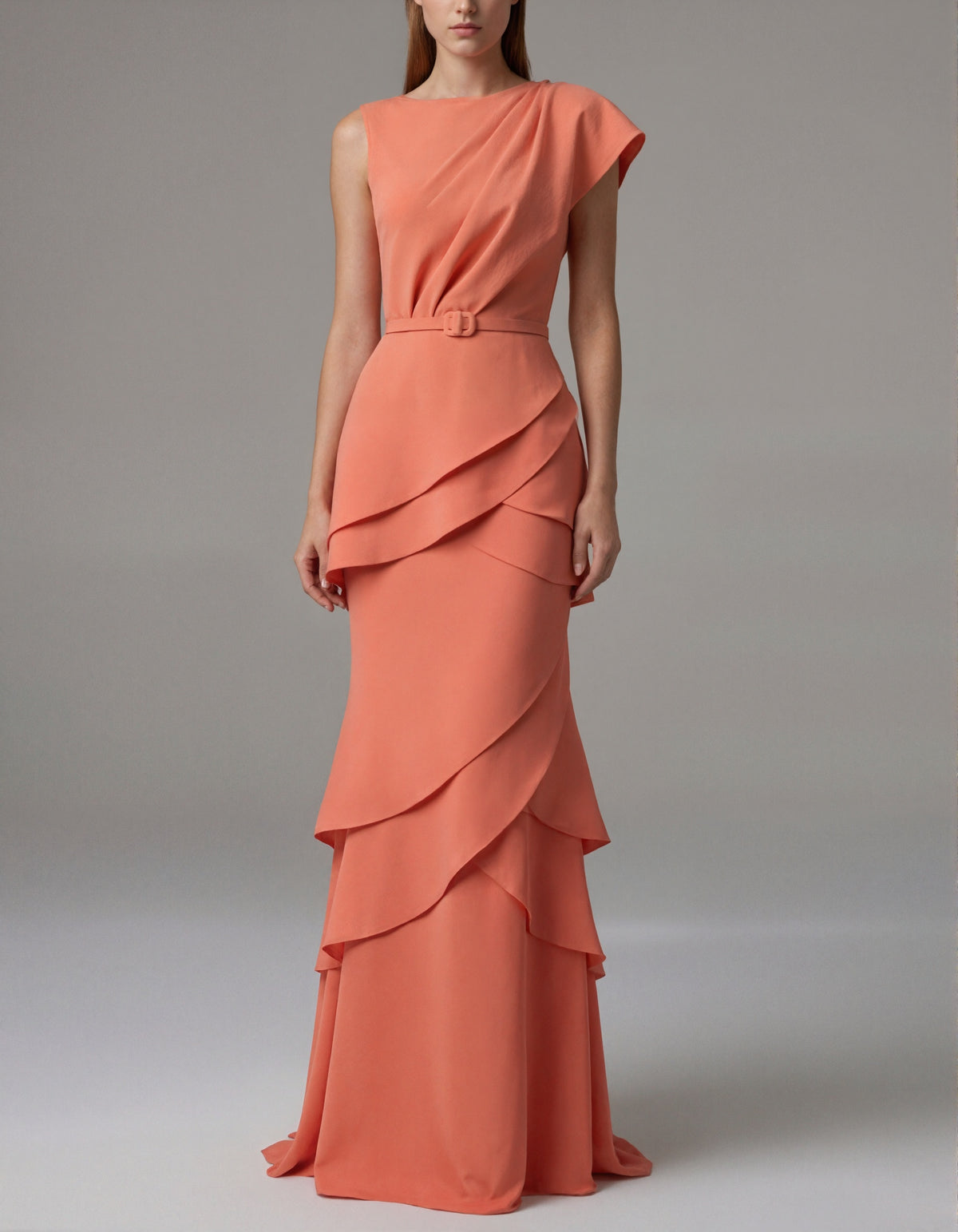 Coral Colored Asymmetrical Draped One Shoulder Maxi Dress
