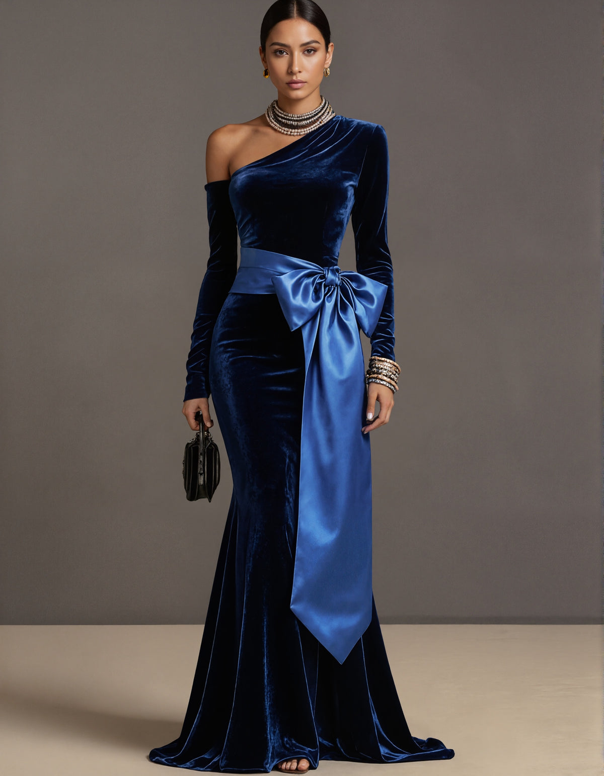 Royal Blue Velvet Asymmetrical One Shoulder Long Sleeve Maxi Dress