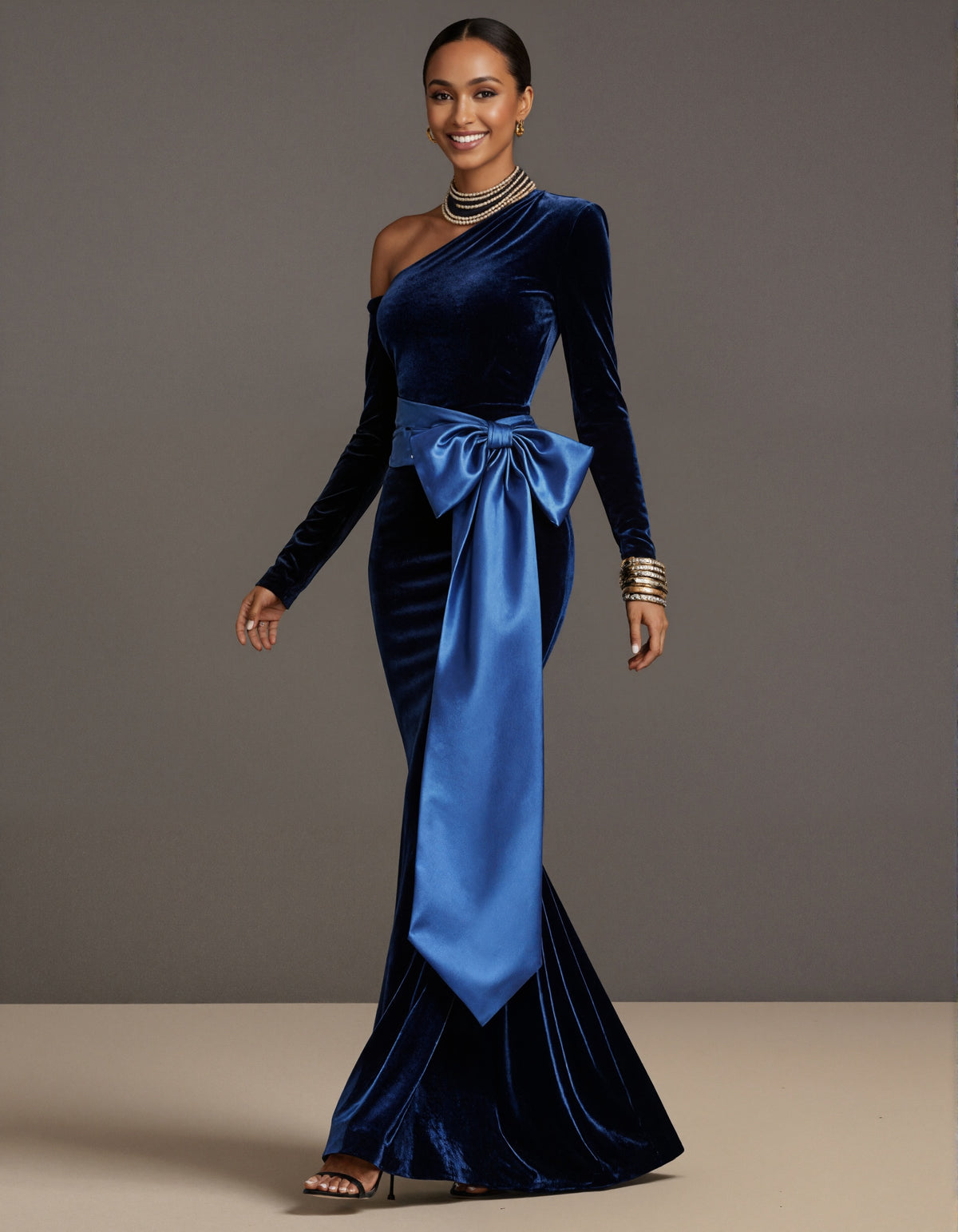 Royal Blue Velvet Asymmetrical One Shoulder Long Sleeve Maxi Dress