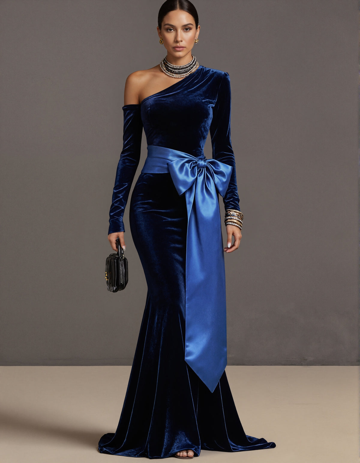 Royal Blue Velvet Asymmetrical One Shoulder Long Sleeve Maxi Dress