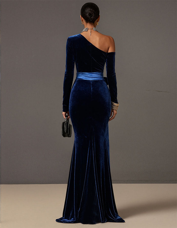 Royal Blue Velvet Asymmetrical One Shoulder Long Sleeve Maxi Dress
