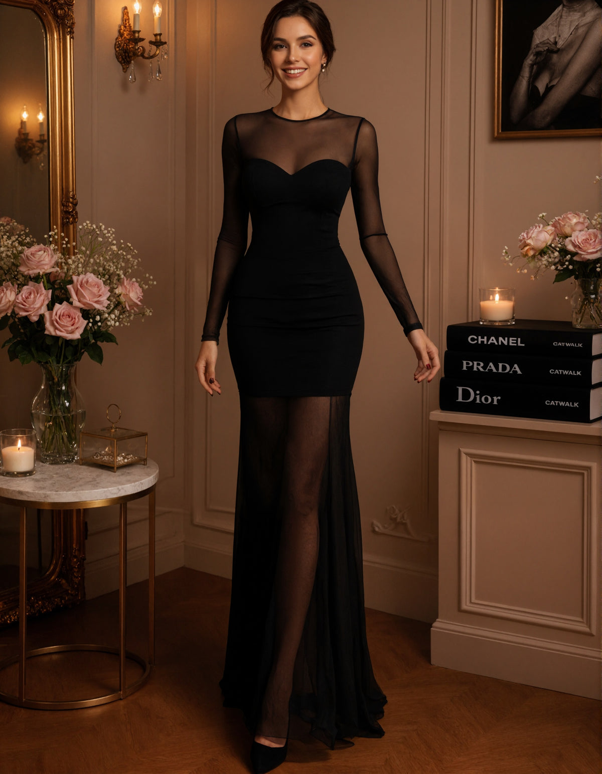 Black Crew Neck Long Sleeved Slim Fit Maxi Dress