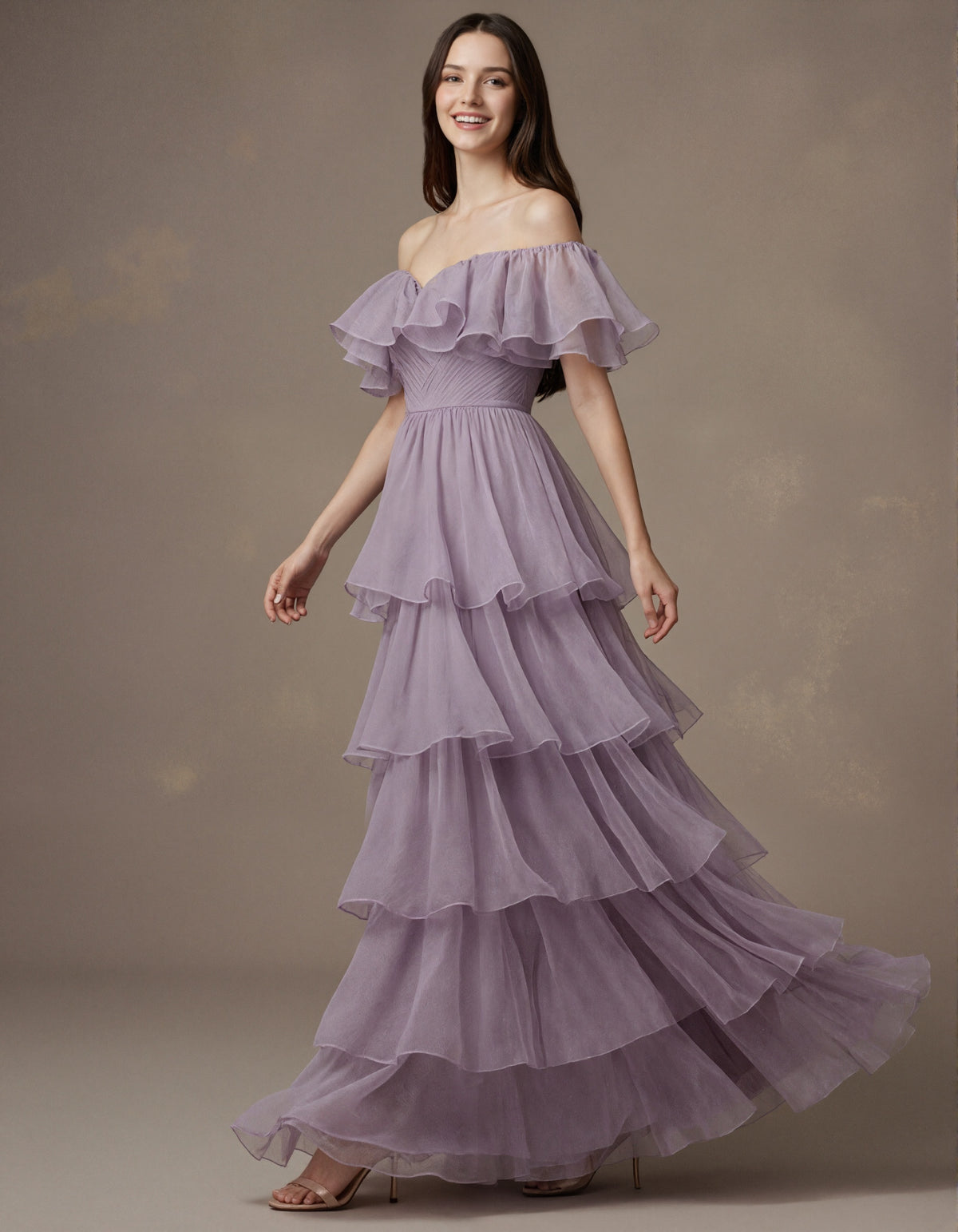 Light Purple Chiffon Off Shoulder Ruffle Sleeves Maxi Dress