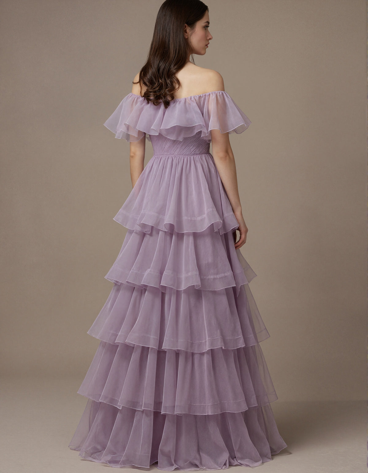 Light Purple Chiffon Off Shoulder Ruffle Sleeves Maxi Dress