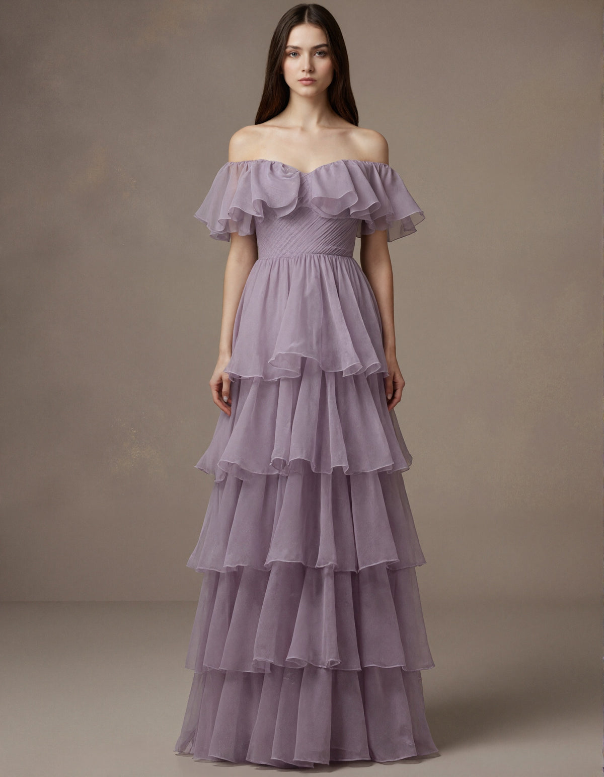 Light Purple Chiffon Off Shoulder Ruffle Sleeves Maxi Dress