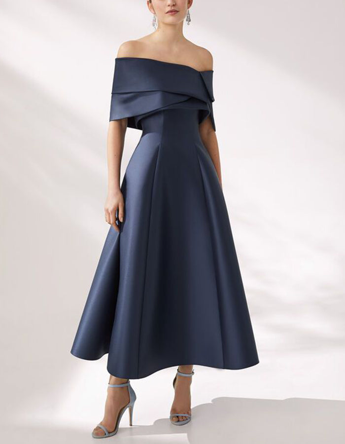 Dark Blue Satin Off Shoulder Midi Dress