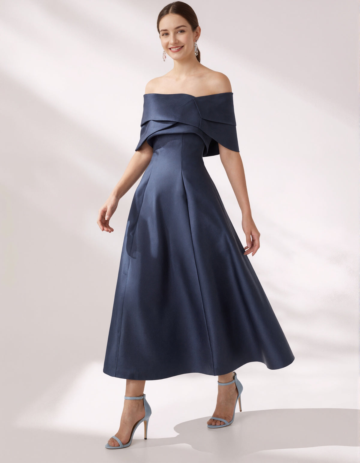 Dark Blue Satin Off Shoulder Midi Dress
