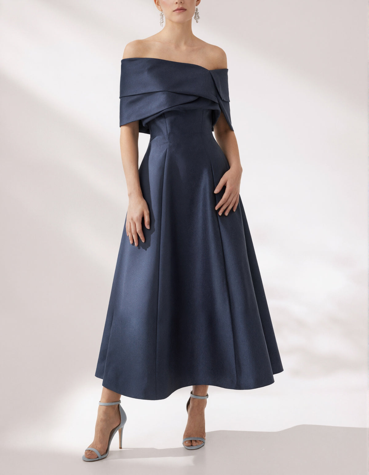 Dark Blue Satin Off Shoulder Midi Dress