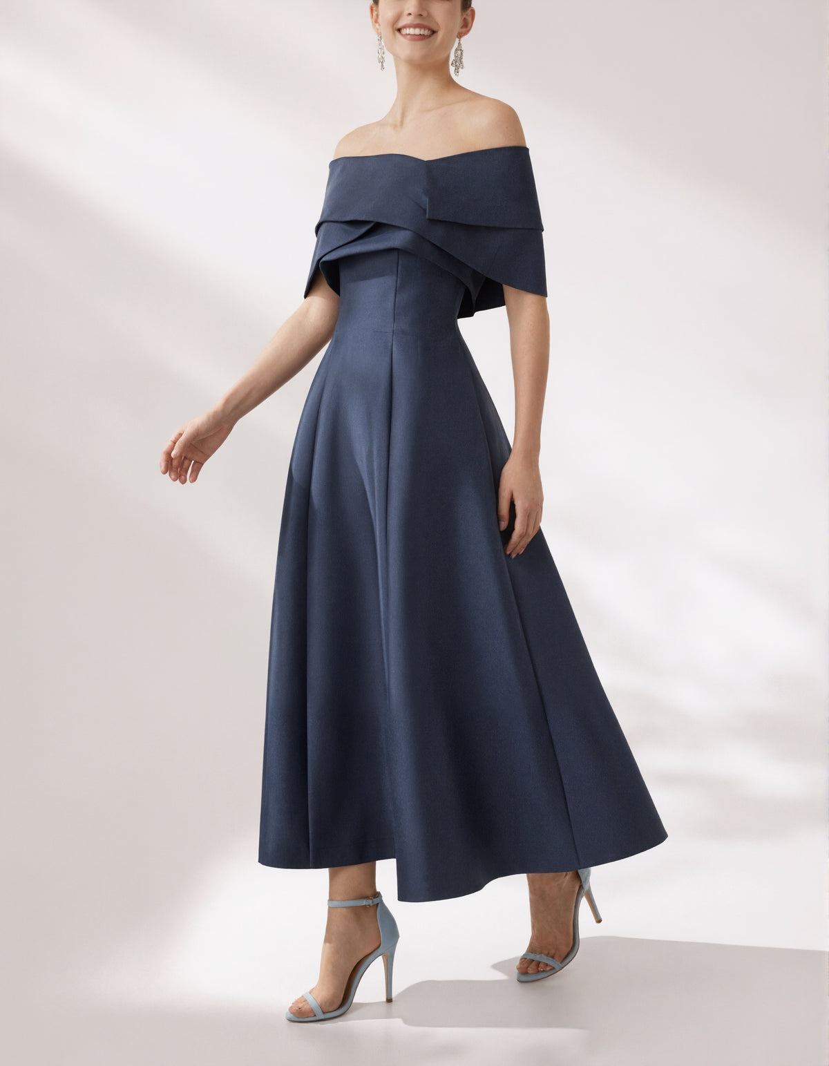 Dark Blue Satin Off Shoulder Midi Dress