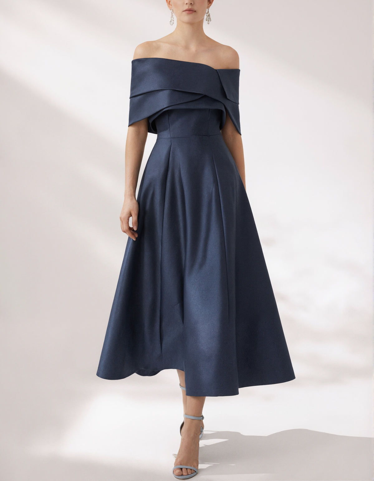 Dark Blue Satin Off Shoulder Midi Dress