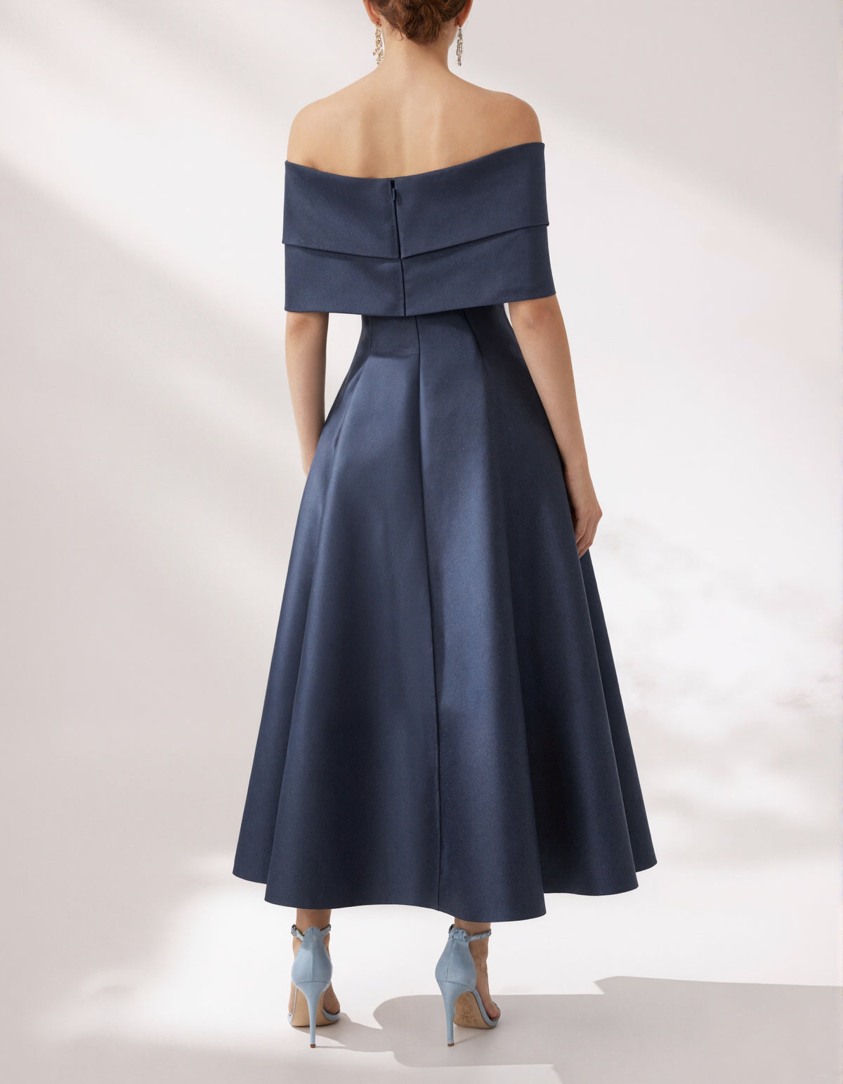 Dark Blue Satin Off Shoulder Midi Dress