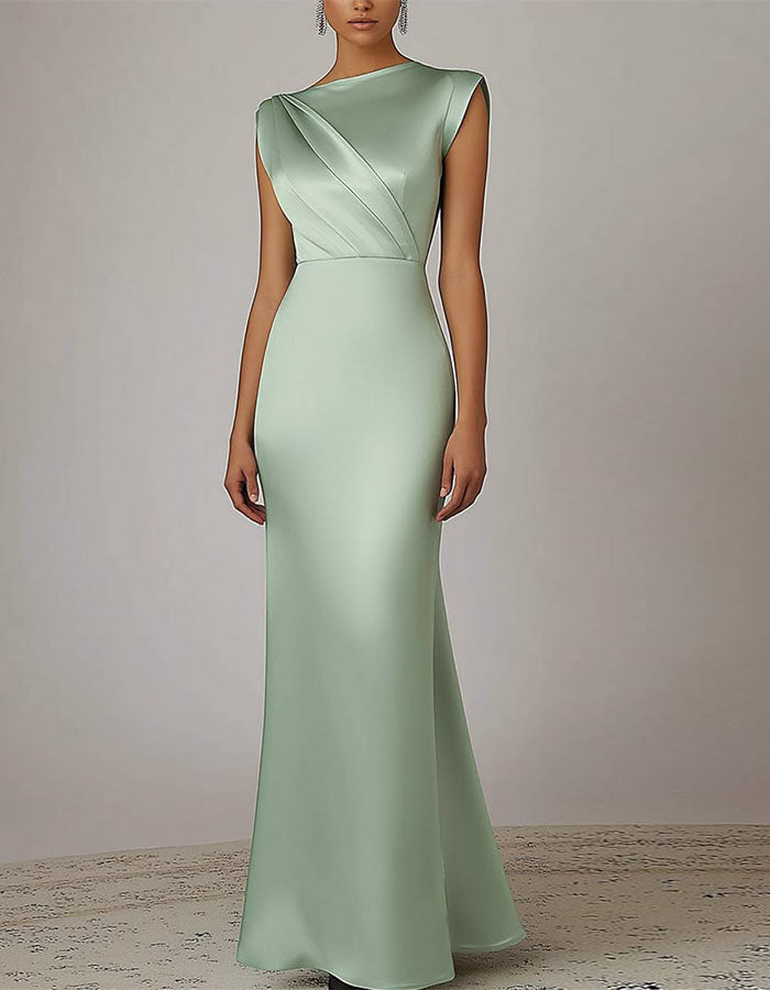 Sage Green Round Neck Satin Maxi Dress