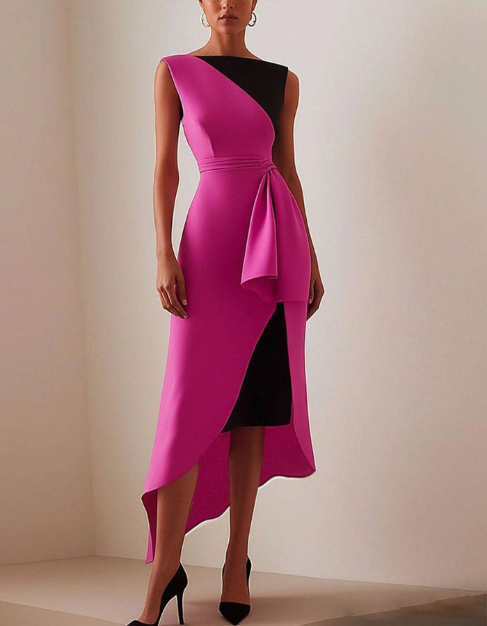 Asymmetrical Pink And Black Midi Dress