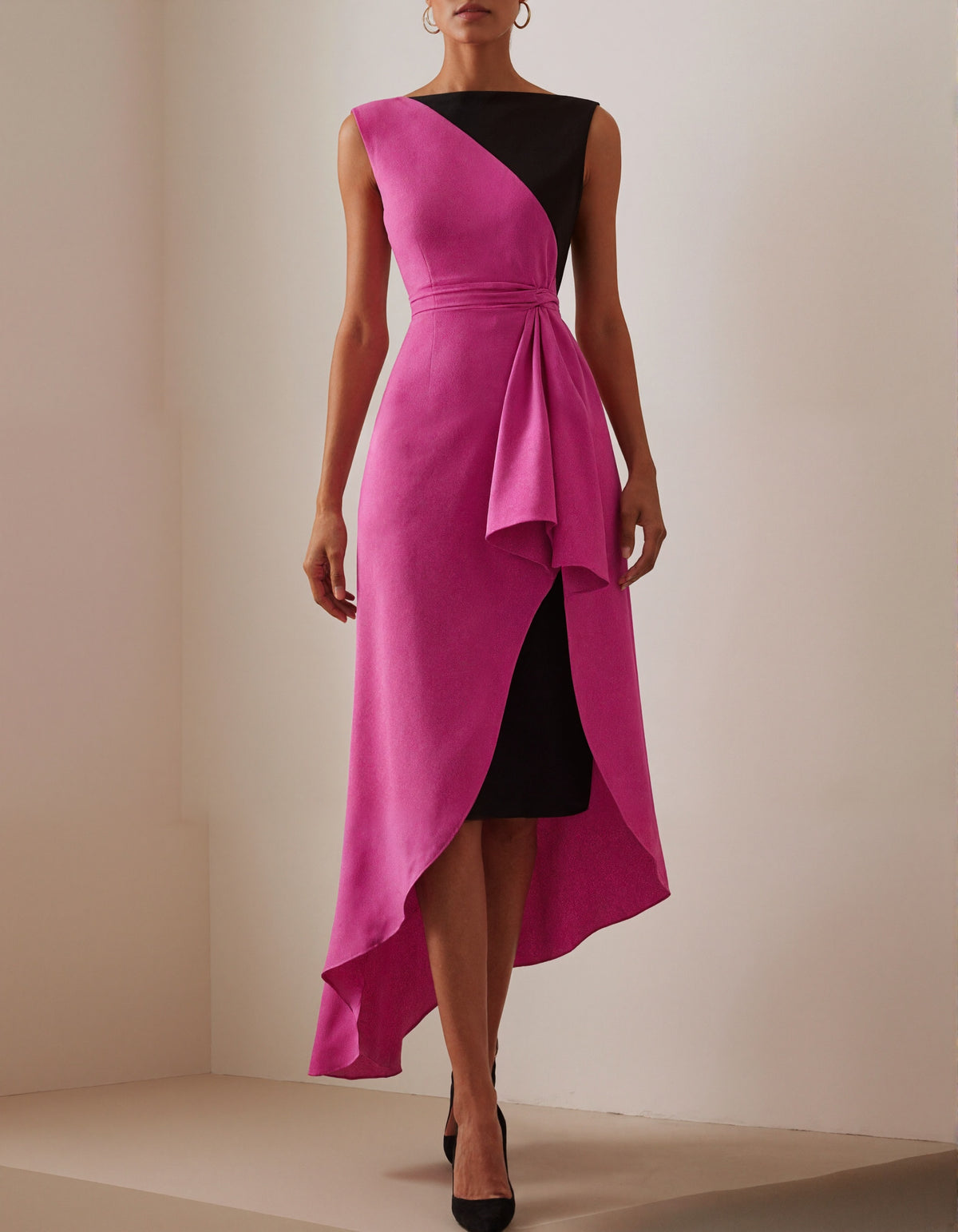 Asymmetrical Pink And Black Midi Dress
