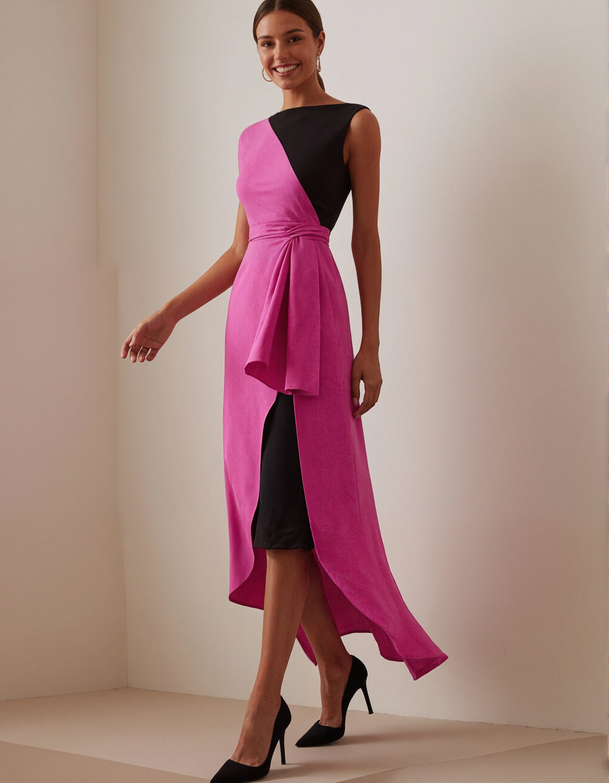 Asymmetrical Pink And Black Midi Dress