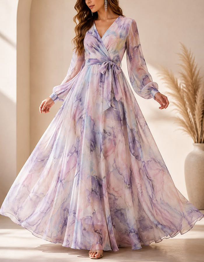 Lavender Floral Print Chiffon V-Neck Maxi Dress