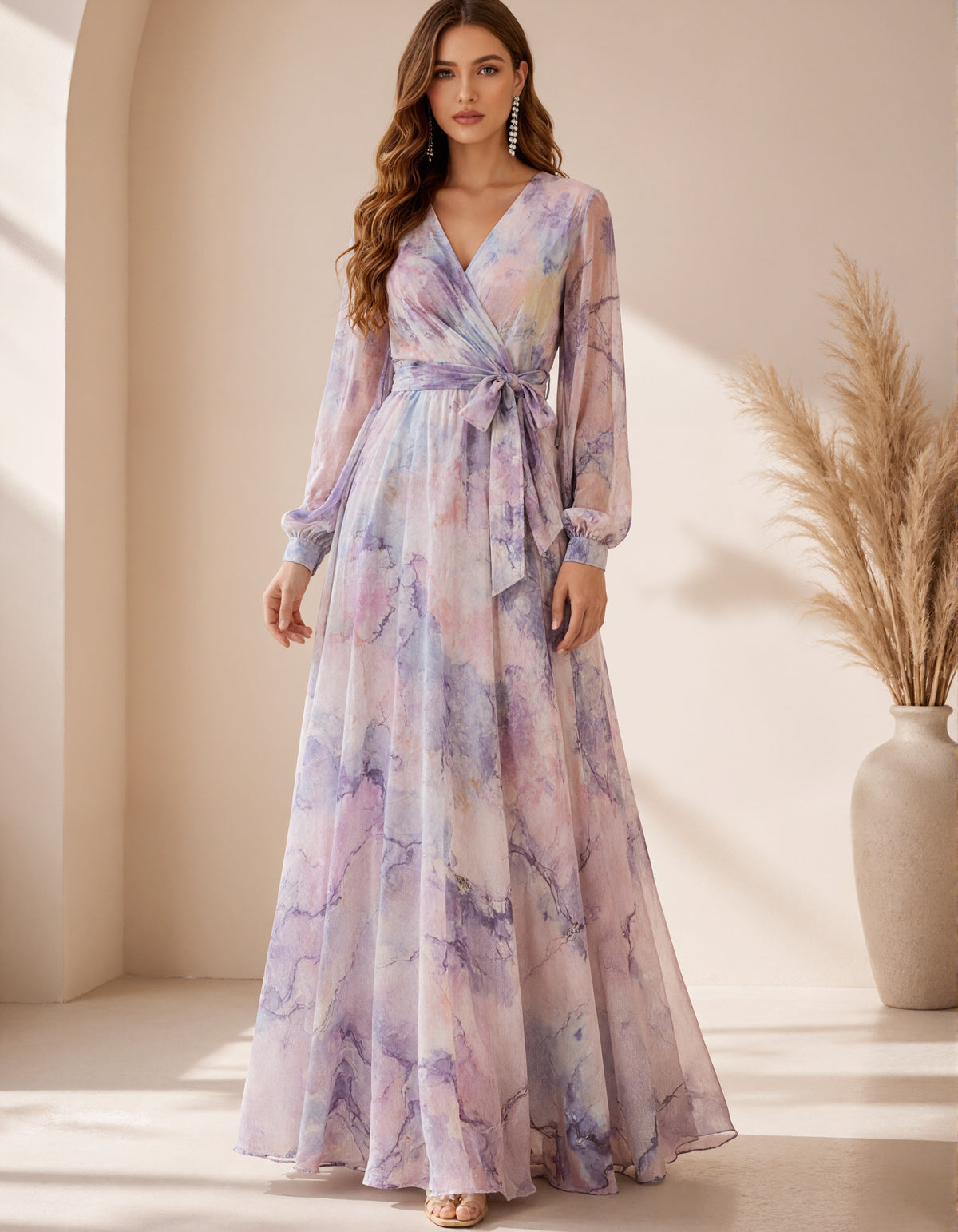 Lavender Floral Print Chiffon V-Neck Maxi Dress