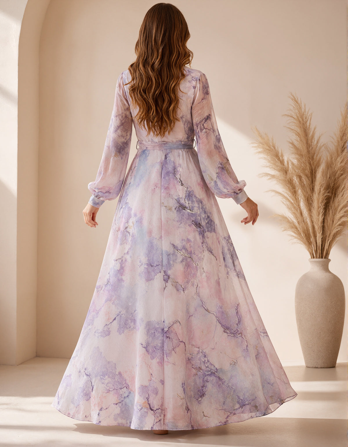 Lavender Floral Print Chiffon V-Neck Maxi Dress