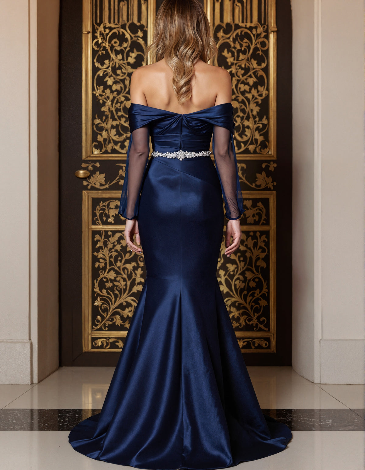 Dark Blue Satin Off Shoulder Cross Over Tulle Long Sleeves Maxi Dress