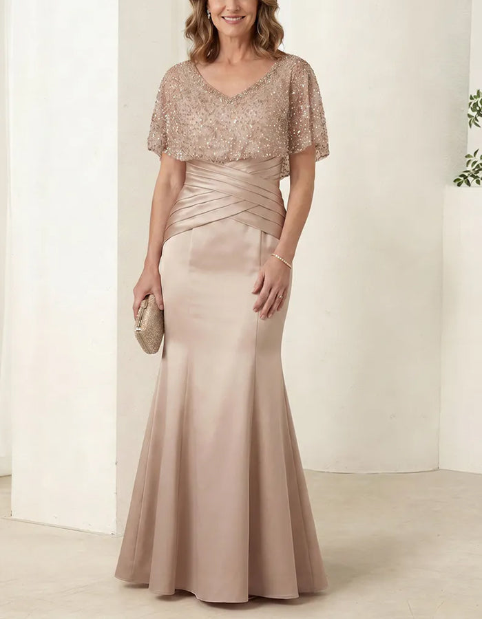 Champagne Colored Satin Sequined Tulle Maxi Dress