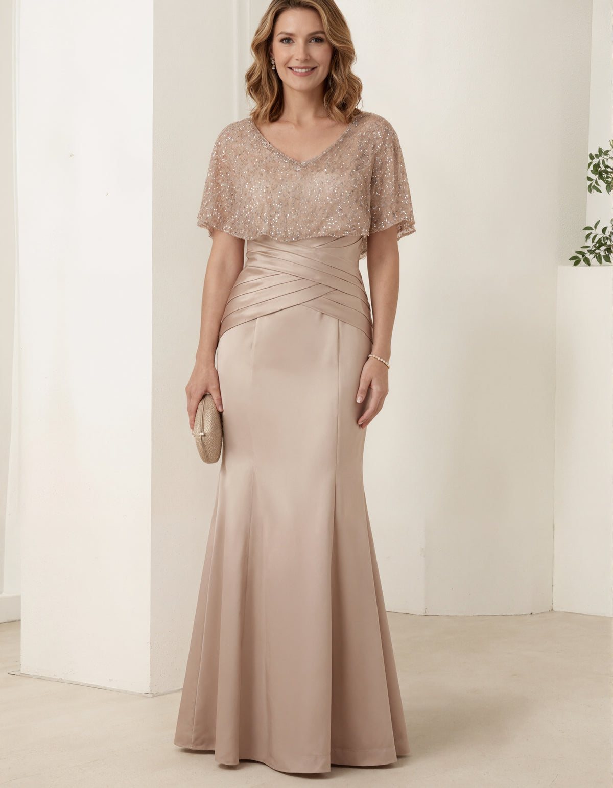 Champagne Colored Satin Sequined Tulle Maxi Dress