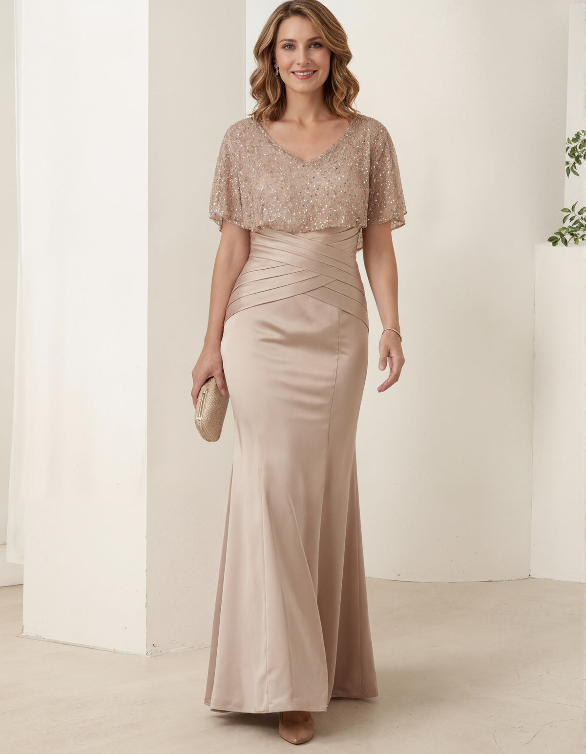 Champagne Colored Satin Sequined Tulle Maxi Dress