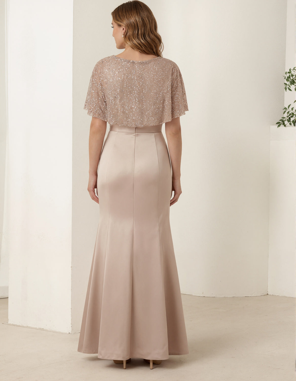 Champagne Colored Satin Sequined Tulle Maxi Dress