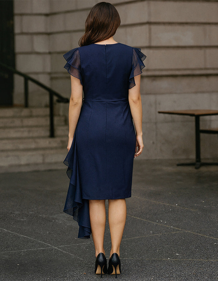 Dark Blue Mixed Asymmetrical Multi Layered Ruffles Midi Dress