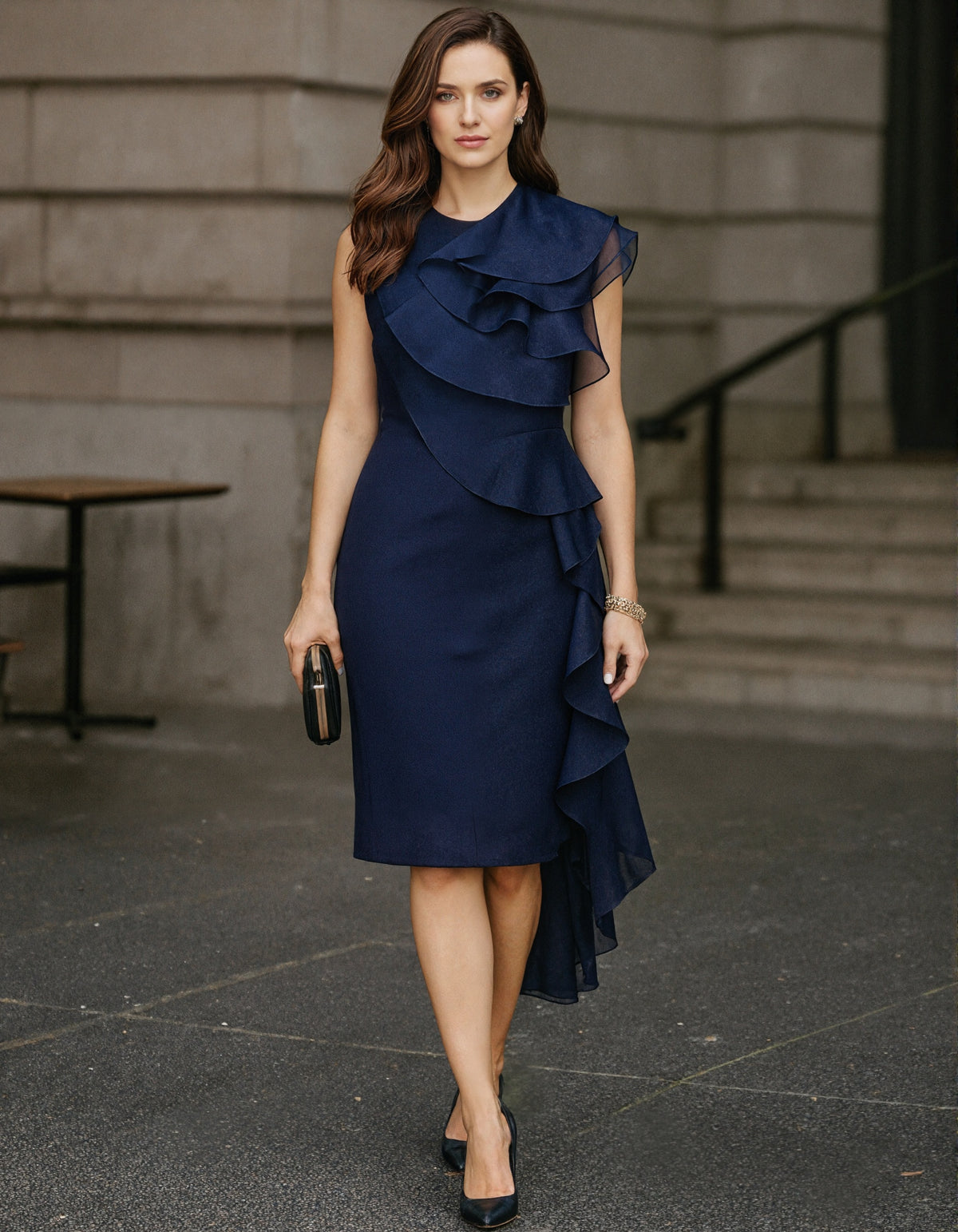 Dark Blue Mixed Asymmetrical Multi Layered Ruffles Midi Dress