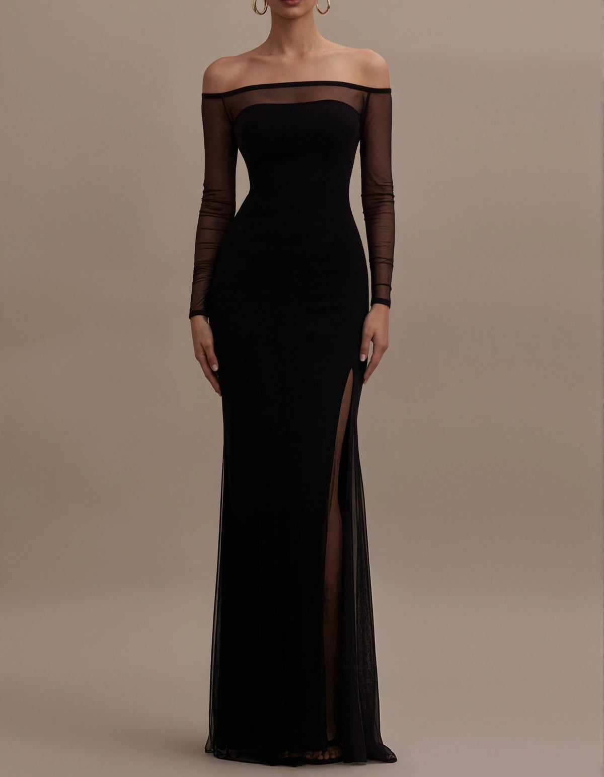 Black Tulle Off Shoulder Long Sleeves Maxi Dress